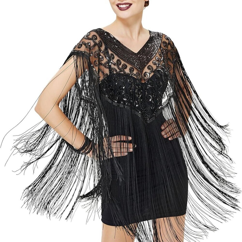 1920s Shawl Wraps Long Fringed Evening Cape Sequin Beaded Party Shawl